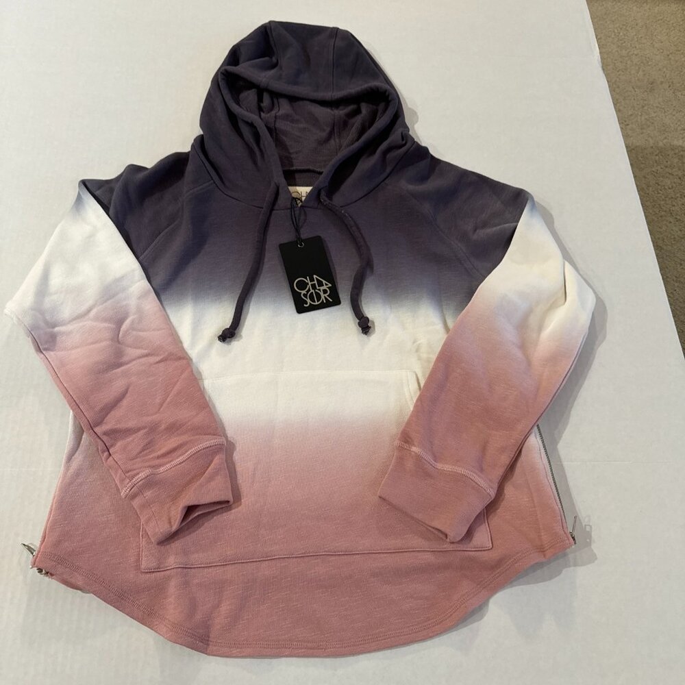 Chaser Tie-dye Ombré French Terry Long Sleeve Hoodie Gray/White/Rose Sz S